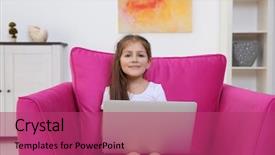  Presentation with pink - Slide deck featuring electronics technology - little girl using laptop while background and a  colored foreground