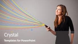  Presentation with phone - Audience pleasing slide deck consisting of electronics waves - happy young girl holding backdrop and a  colored foreground