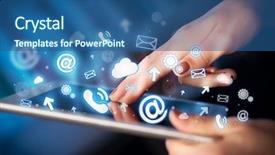  Presentation with wireless network - Colorful presentation design enhanced with electronics wireless network - finger pointing on tablet pc backdrop and a ocean colored foreground