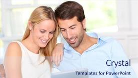  Presentation with electronic sensor - Colorful presentation theme enhanced with electronics wireless network - young couple using electronic tablet backdrop and a  colored foreground