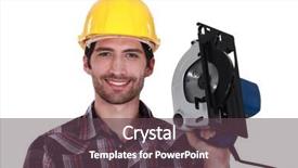  Presentation with electric - Amazing slide set having electrospining - man proudly holding electric saw backdrop and a tawny brown colored foreground