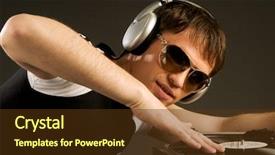  Presentation with old wite man and his music - Slide set consisting of electrospinning - young man with headphones background and a tawny brown colored foreground