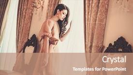  Presentation with house window frame - Cool new presentation theme with elegance classic - woman near window in luxury backdrop and a coral colored foreground