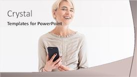  Presentation with hair dress - Slide set consisting of elegant adult woman with short blond hair wearing dress smiling while holding black smartphone isolated over white background in studio background and a white colored foreground