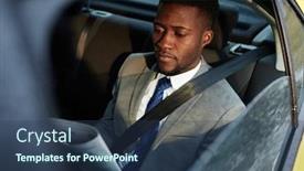  Presentation with taxi - Presentation design with elegant african-american lawyer reading news in taxi background and a ocean colored foreground