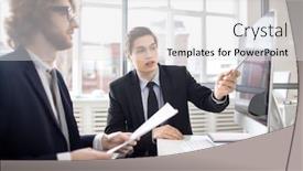  Presentation with data analyst - Presentation enhanced with elegant analyst or sales manager pointing at computer monitor while explaining online data to business partner background and a light gray colored foreground