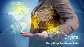  Presentation with analytics - Slide deck enhanced with elegant analytics person holding map of the world in its hand with numbers statistics in front of blue background concept background and a ocean colored foreground