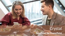  Presentation with dinner - Colorful presentation theme enhanced with elegant-blond-girl-with-smartphone backdrop and a tawny brown colored foreground