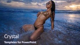  Presentation with jewelry gold - PPT theme consisting of elegant brunette beauty wearing gold background and a ocean colored foreground