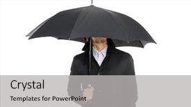  Presentation with under umbrella - PPT theme having elegant business man in a raincoat standing under an umbrella background and a light gray colored foreground