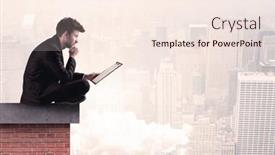  Presentation with modern elegant - PPT theme featuring elegant businessman in modern suit sitting on the top of a brick building looking over the cityscape with clouds concept background and a cream colored foreground