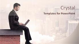  Presentation with modern elegant - PPT theme consisting of elegant businessman in modern suit sitting on the top of a brick building looking over the cityscape with clouds concept background and a cream colored foreground