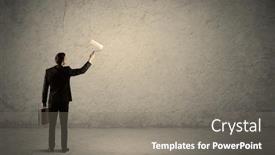  Presentation with paint roller - PPT theme enhanced with elegant businessman in suit holding a paint roller standing with his back facing an empty urban concrete wall concept background and a gray colored foreground