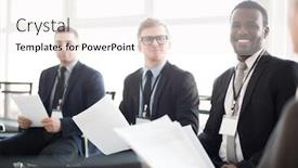  Presentation with leaders - Amazing presentation theme having elegant businessmen in suits attending conference for leaders and listening to reports of colleagues backdrop and a white colored foreground