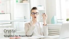  Presentation with lipstick - Cool new PPT layouts with elegant businesswoman applying lipstick or gloss on her lips by workplace in office backdrop and a lemonade colored foreground