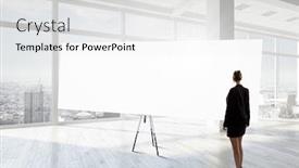  Presentation with modern elegant - Presentation design with elegant businesswoman in modern office interior against window panoramic view looking at blank banner background and a white colored foreground