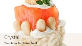  Presentation with nut - Slide set enhanced with elegant canape with salmon roll toast thyme twig and hazel nut isolated on white background and a lemonade colored foreground