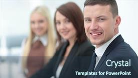  Presentation with office workers - PPT theme featuring elegant co-workers looking at camera during meeting in office background and a tawny brown colored foreground