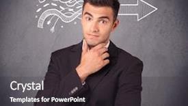  Presentation with problem solution - Slide deck featuring elegant confident businessman in suit knows the solution to a problem concept with drawn arrow illustration on urban concrete wall concept background and a dark gray colored foreground