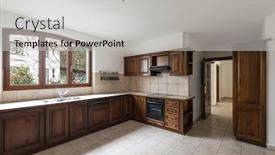  Presentation with nobody - Cool new PPT theme with elegant dark wood kitchen with window nobody inside backdrop and a light gray colored foreground