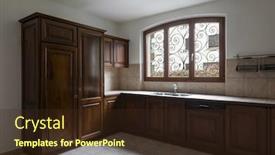  Presentation with nobody - Slide set enhanced with elegant dark wood kitchen with window nobody inside background and a wine colored foreground
