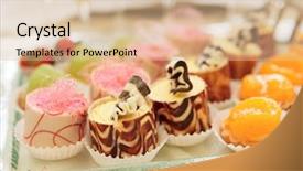  Presentation with banquet - Audience pleasing PPT theme consisting of elegant dining - sweets on banquet table backdrop and a lemonade colored foreground