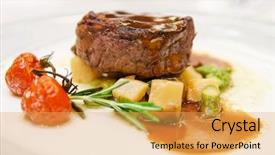  Presentation with tenderloin - PPT layouts having elegant dining - tenderloin steak on restaurant table background and a yellow colored foreground