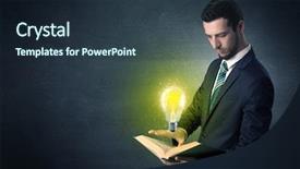 Presentation with creepy book - Slide deck having elegant discipline - businessman holding book with bulb background and a  colored foreground