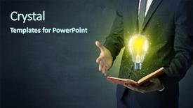  Presentation with manual book - Colorful PPT theme enhanced with elegant discipline - businessman holding book with bulb backdrop and a  colored foreground
