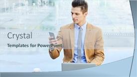  Presentation with entrepreneur - Theme with elegant employee or entrepreneur reading message in smartphone while sitting by fountain in front of laptop background and a sky blue colored foreground