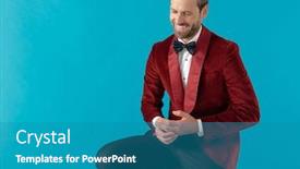  Presentation with hands down - Beautiful slide set featuring elegant fashion man wearing red velvet tuxedo looking down holding hands and touching ring sitting on blue background backdrop and a teal colored foreground