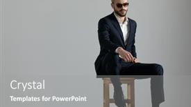  Presentation with navy - Cool new slide set with elegant formal business man wearing a navy suit and sunglasses sitting with one leg resting on a chair and one hand resting on the leg while looking away pensive on gray studio background backdrop and a gray colored foreground