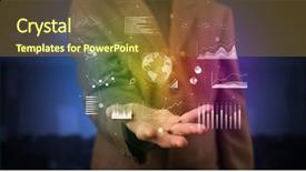  Presentation with people hold hand around globe - Slide deck enhanced with hand global charts international business background and a tawny brown colored foreground