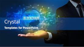  Presentation with blockchain technology - Audience pleasing PPT theme consisting of elegant-hand-holding-blockchain-inscription backdrop and a ocean colored foreground
