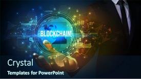  Presentation with blockchain technology - Cool new presentation theme with elegant-hand-holding-blockchain-inscription backdrop and a navy blue colored foreground