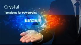  Presentation with blockchain technology - Amazing PPT layouts having elegant-hand-holding-blockchain-inscription backdrop and a ocean colored foreground