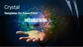  Presentation with elegant - Theme with elegant-hand-holding-implementation-inscription background and a navy blue colored foreground