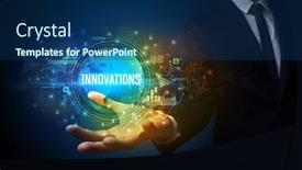  Presentation with innovations - Presentation theme enhanced with elegant hand holding innovations inscription digital technology concept background and a ocean colored foreground