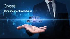  Presentation with instant messaging - Cool new PPT layouts with elegant-hand-holding-instant-messaging backdrop and a ocean colored foreground