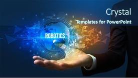  Presentation with robotics - Audience pleasing PPT layouts consisting of elegant-hand-holding-robotics-inscription backdrop and a ocean colored foreground