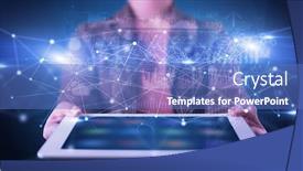  Presentation with database - Presentation design with holding tablet with virtual database background and a teal colored foreground