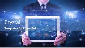  Presentation with database - PPT theme having elegant hand holding tablet with virtual database and network concept background and a teal colored foreground