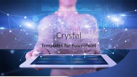  Presentation with database - Colorful presentation theme enhanced with holding tablet with virtual database backdrop and a light blue colored foreground