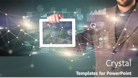 Presentation with database - Beautiful presentation theme featuring elegant hand holding tablet with virtual database and network concept backdrop and a gray colored foreground