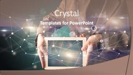  Presentation with database - Beautiful slide set featuring elegant-hand-holding-tablet backdrop and a coral colored foreground