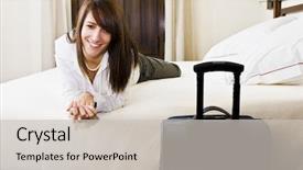  Presentation with bed - PPT theme having elegant hotels - smiling young businesswoman in bed background and a light gray colored foreground