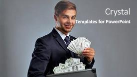  Presentation with case - PPT theme featuring elegant man holding case with money on gray background background and a gray colored foreground