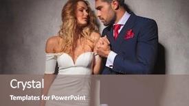  Presentation with lover - Amazing presentation theme having elegant man holds his lover with passion by her hand they are looking at each other in studio backdrop and a gray colored foreground