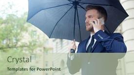  Presentation with under umbrella - Presentation enhanced with elegant man in suit talking by smartphone under umbrella background and a mint green colored foreground