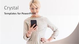  Presentation with hair dress - Slide deck having elegant middle aged woman with short blond hair wearing dress holding and using black smartphone isolated over white background in studio background and a sky blue colored foreground